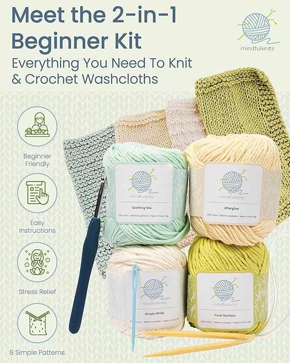 2-in-1 Beginner Washcloth Kit - Learn to Knit & Crochet Simple, Practical Washcloths