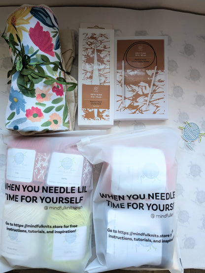 Mystery Knitting & Crochet Mindfulness Box | Assorted Cotton Yarn, Tote, Circular Needles, Crochet Hook | Secret Santa White Elephant Gift