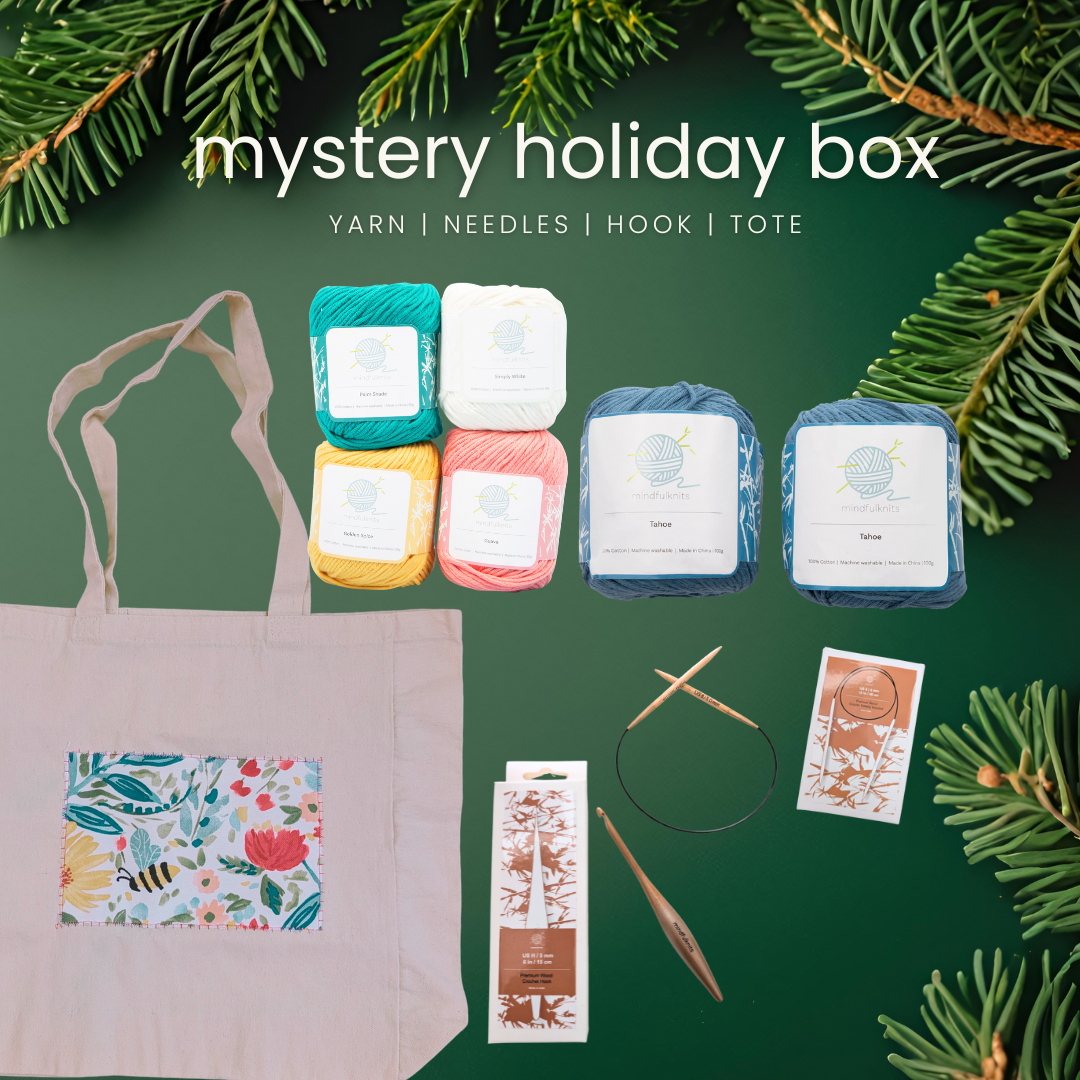 Mystery Knitting & Crochet Mindfulness Box | Assorted Cotton Yarn, Tote, Circular Needles, Crochet Hook | Secret Santa White Elephant Gift