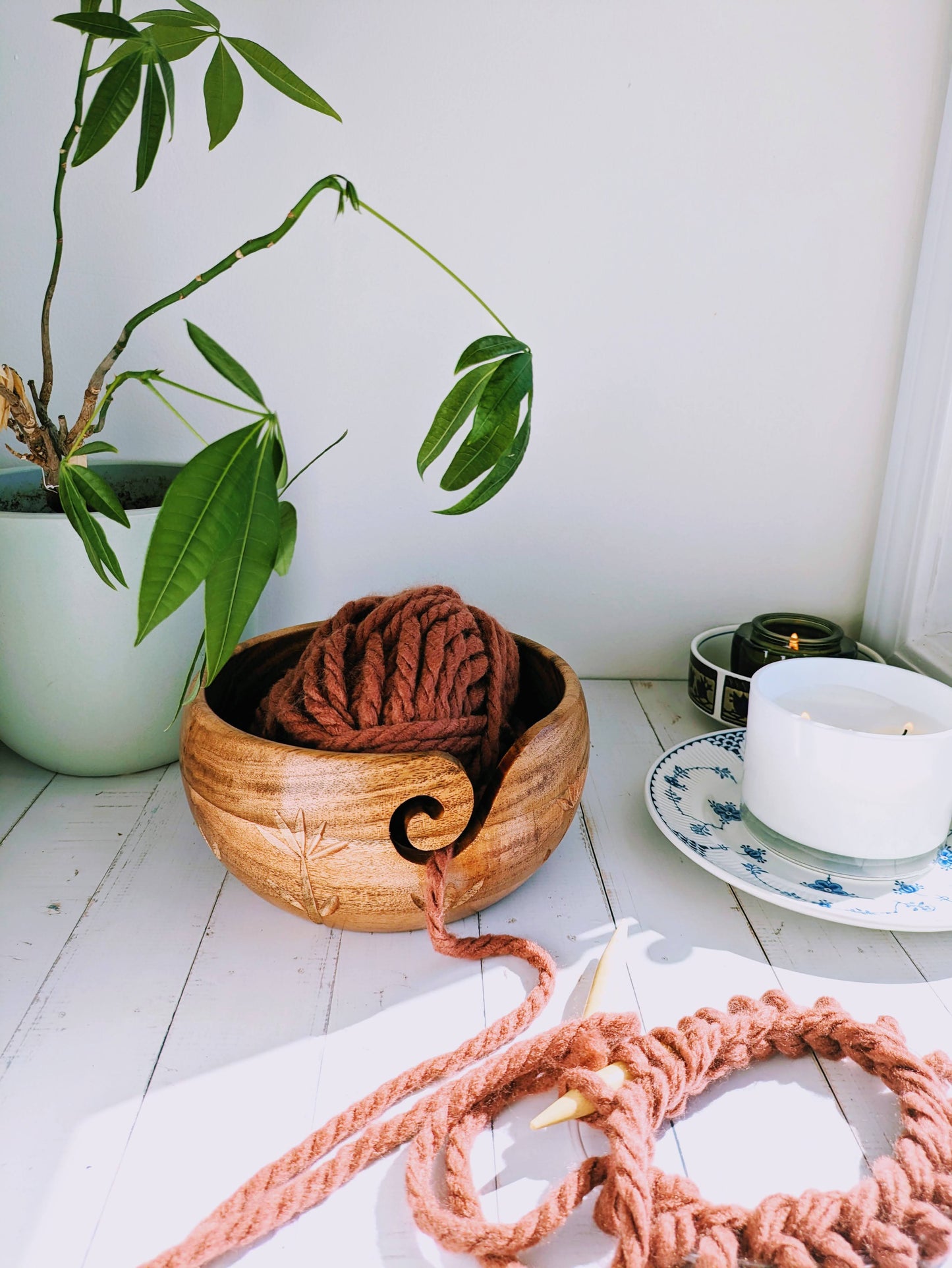 Zen Extra-Large Acacia Engraved Yarn Bowl